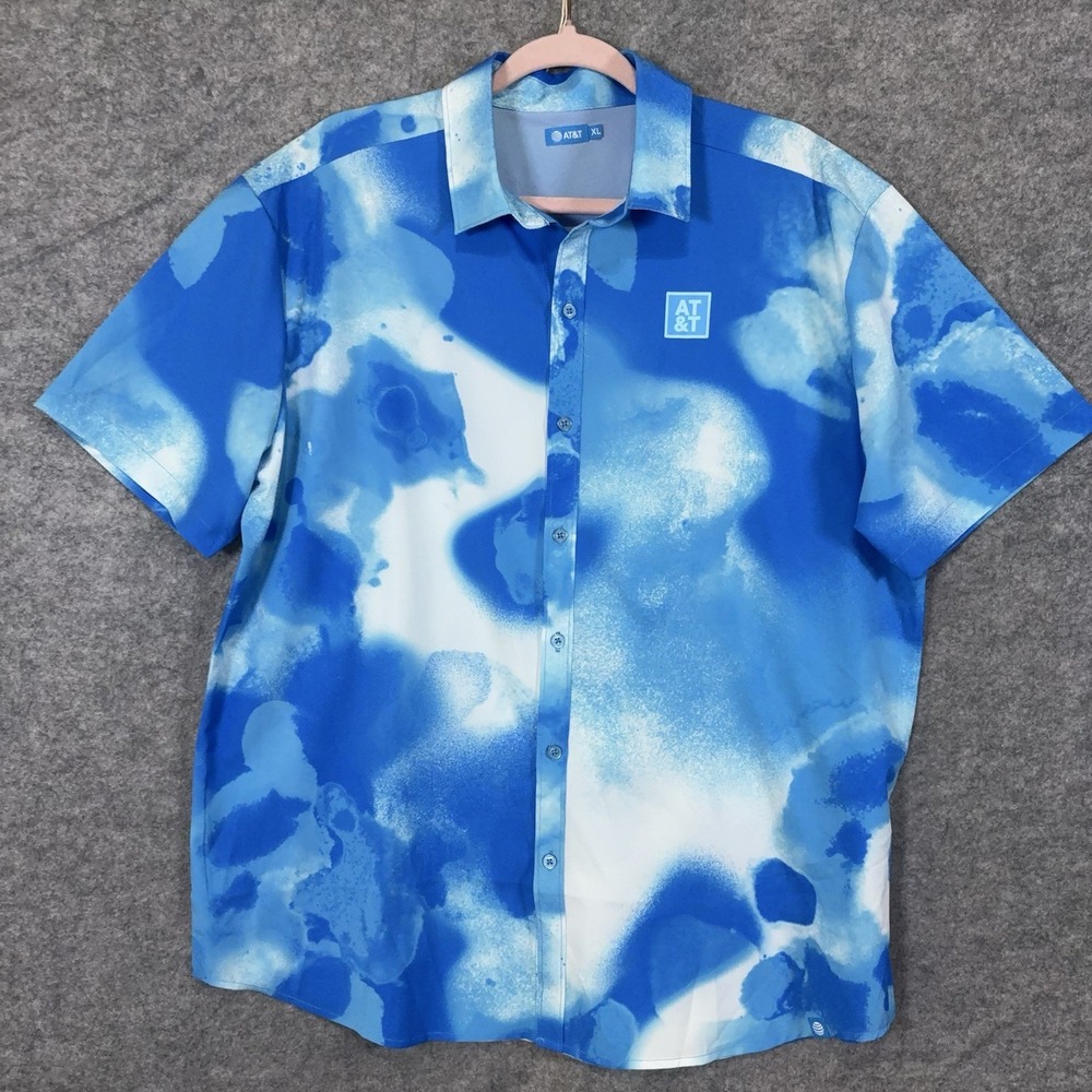 AT&T Button Up Shirt Mens Sz XL Blue Tie Dye Lightweight Stretch Employee